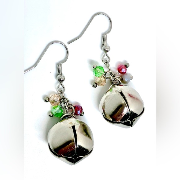 Christmas Silver Jingle Bell with Red Green Multicolor Crystal Dangle Earrings - Picture 3 of 4